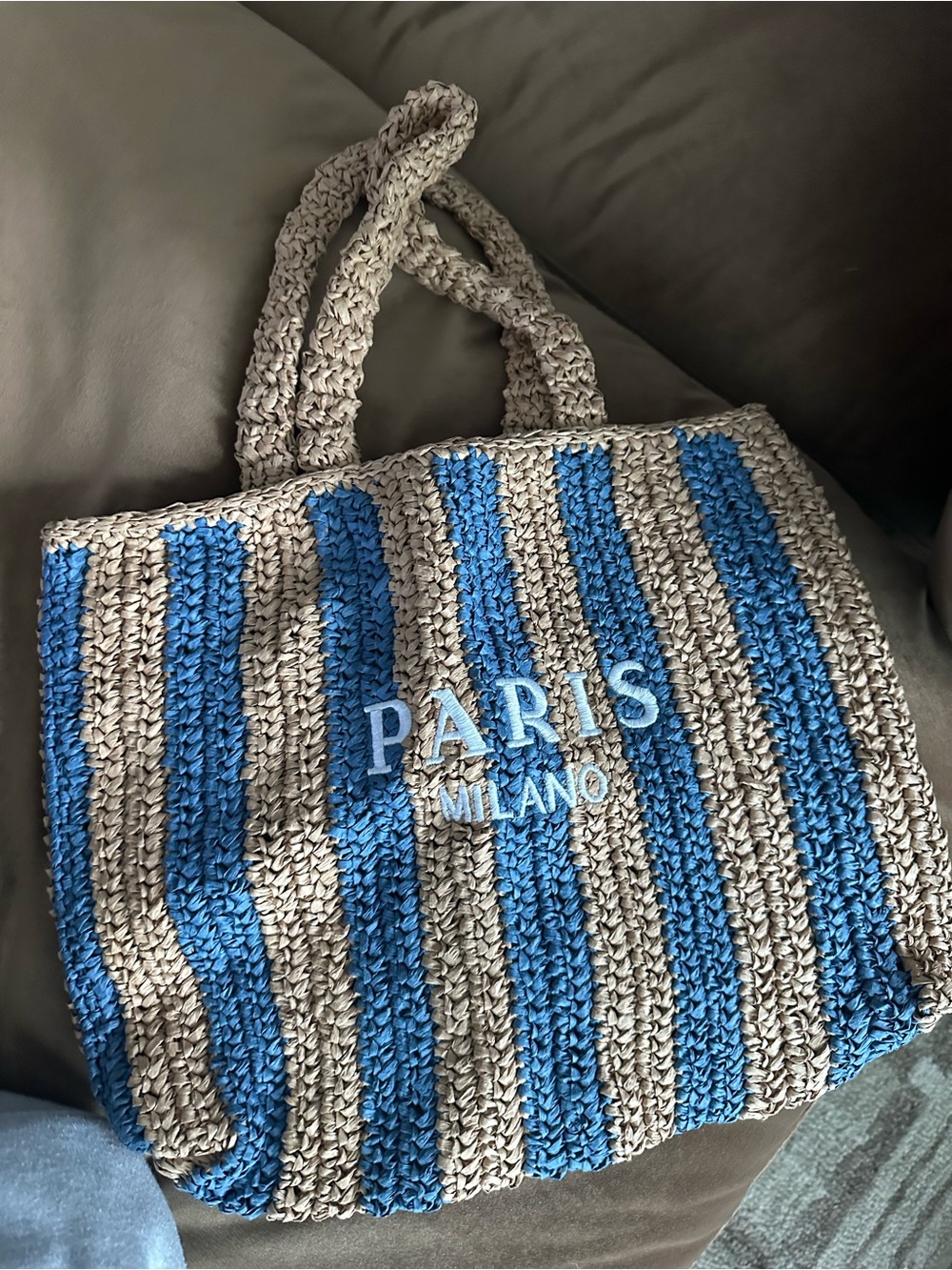 Striped Crochet Tote Bag in Blue and Gray - PARIS MILANO Accent
